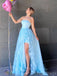 A-line Tulle High Slit Long Evening Prom Dresses, Custom Strapless Prom Dresses, BGS0053