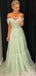 A-line SageTulle Off Shoulder Long Evening Prom Dresses, Custom Prom Dresses, BGS0054
