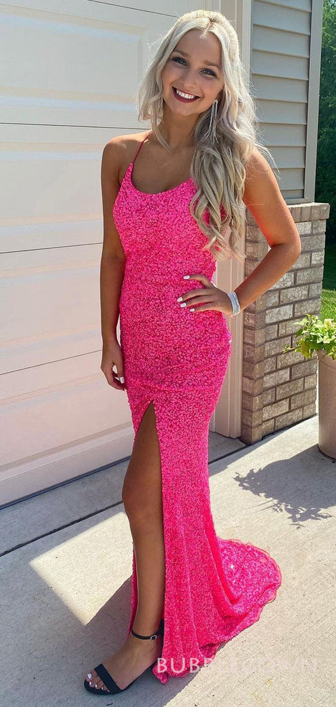 Spaghetti Straps Hot Pink Sequins Bateau Long Evening Prom Dresses, Custom Mermaid Prom Dresses, BGS0057