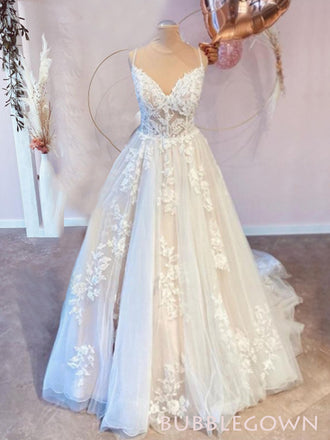 A-line Spaghetti Straps Tulle Appliques Long Wedding Dresses, Custom Wedding Dress, BGS0068