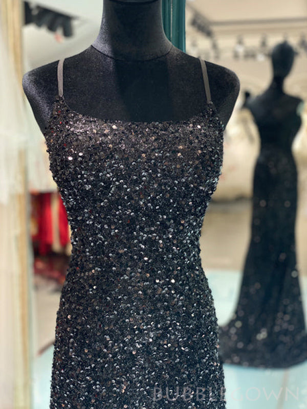 Spaghetti Straps Black Sequins Long Sleeves Long Evening Prom Dresses, Custom Mermaid Prom Dress, BGS0073