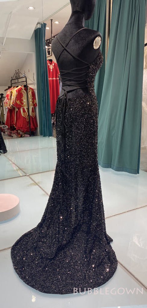 Spaghetti Straps Black Sequins Long Sleeves Long Evening Prom Dresses, Custom Mermaid Prom Dress, BGS0073