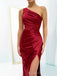 One Shoulder Red Satin Mermaid Long Evening Prom Dresses, Custom High Slit Prom Dress, BGS0077