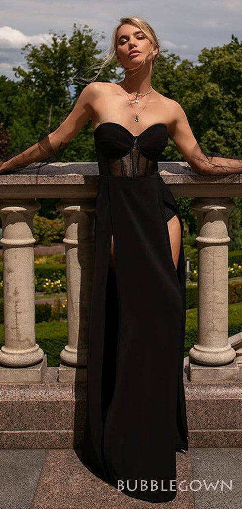 Sexy High Slit Black Strapless Long Evening Prom Dresses, Custom Prom Dress, BGS0081