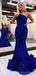 Royal Blue Sequins Mermaid One Shoulder Long Evening Prom Dresses, Custom Prom Dress, BGS0084