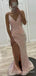 Simple Mermaid Sequins Spaghetti Straps Long Evening Prom Dresses, Custom Side Slit Prom Dress, BGS0089