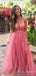Deep V-neck Tulle A-line Long Evening Prom Dresses, Custom Prom Dress, BGS0090