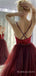 Deep V-neck Burgundy Tulle A-line Long Evening Prom Dresses, Custom Prom Dress, BGS0092