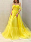 Off Shoulder Yellow Tulle A-line Long Evening Prom Dresses, Custom Prom Dress, BGS0093