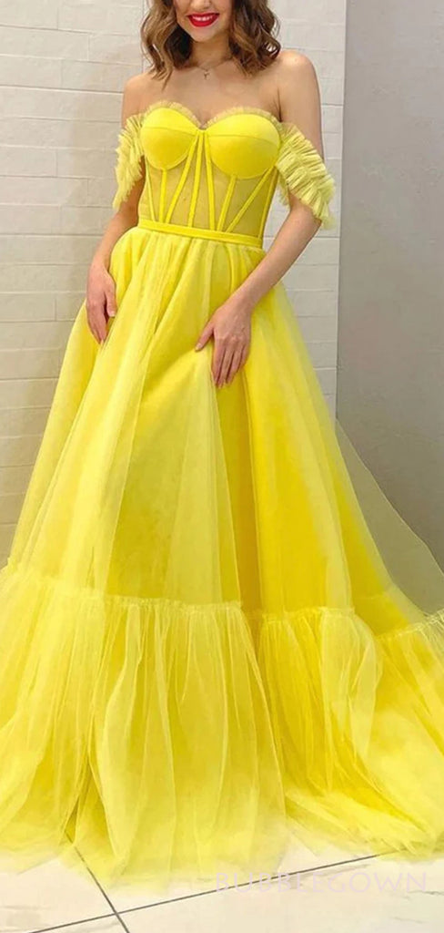 Off Shoulder Yellow Tulle A-line Long Evening Prom Dresses, Custom Prom Dress, BGS0093