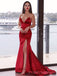 Red Satin Mermaid Strapless Long Evening Prom Dresses, Custom Side Slit Prom Dress, BGS0094