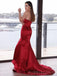 Red Satin Mermaid Strapless Long Evening Prom Dresses, Custom Side Slit Prom Dress, BGS0094