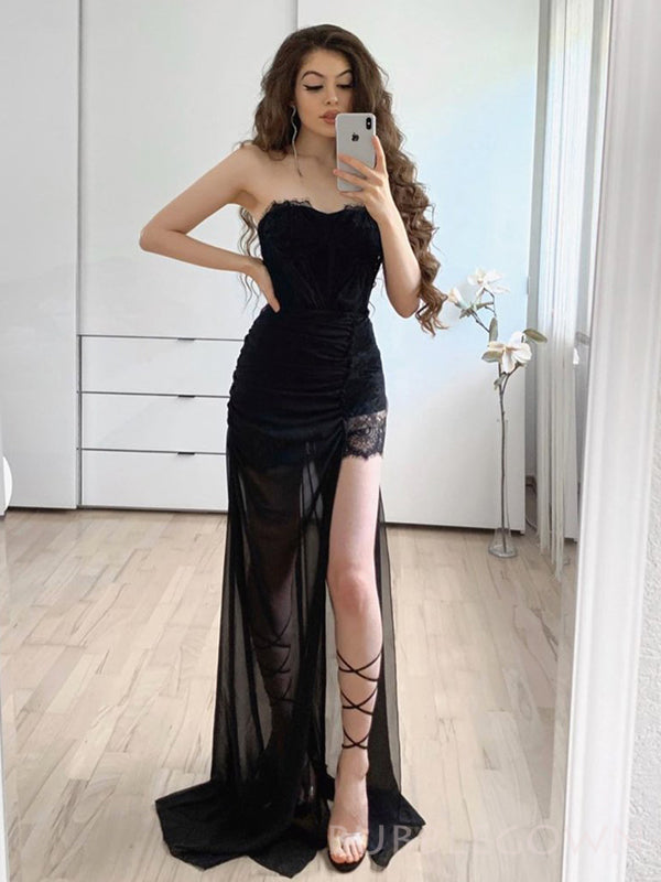 Black Tulle Lace High Slit Long Evening Prom Dresses, Custom Mermaid Prom Dress, BGS0096