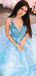 A-lin Blue Tulle Beaded V-neck Long Evening Prom Dresses, Custom Prom Dress, BGS0121