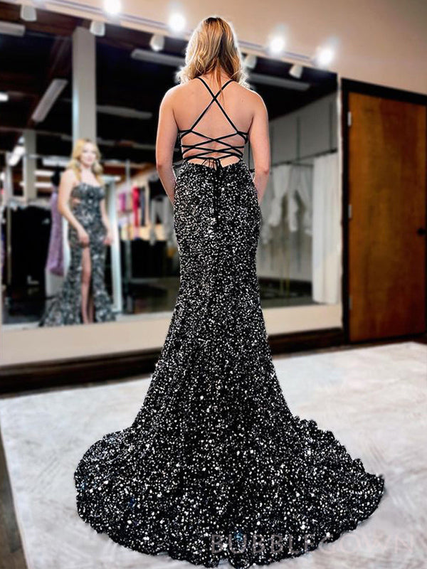 Mermaid Black Sequins Spaghetti Straps Long Evening Prom Dresses, Custom High Slit Prom Dress, BGS0145