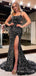 Mermaid Black Sequins Spaghetti Straps Long Evening Prom Dresses, Custom High Slit Prom Dress, BGS0145