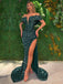 Off Shoulder Dark Green Sequins Side Slit Long Evening Prom Dresses, Custom Mermaid Prom Dress, BGS0149