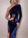 One Shoulder Royal Blue Velvet Mermaid Long Sleeves Long Evening Prom Dresses, Custom Side Slit Prom Dress, BGS0156