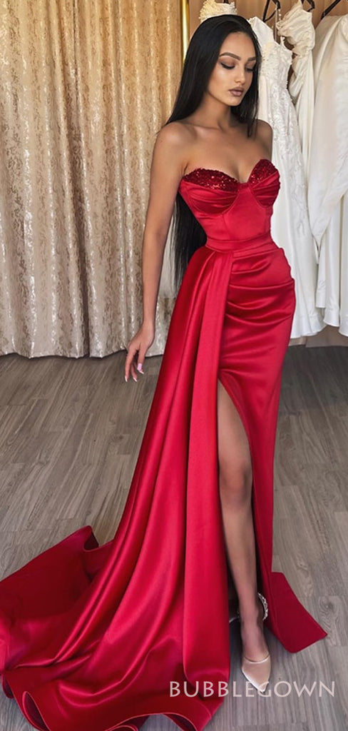 Mermaid Red Satin Beaded Strapless Long Evening Prom Dresses, Custom Prom Dress, BGS0161