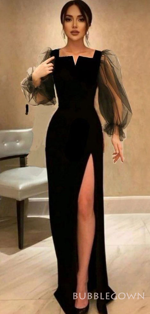 Mermaid Black Long Sleeves Long Evening Prom Dresses, Custom Side Slit Prom Dress, BGS0164