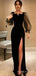 Mermaid Black Long Sleeves Long Evening Prom Dresses, Custom Side Slit Prom Dress, BGS0164