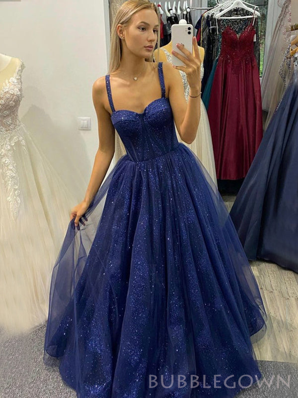 A-line Royal Blue Tulle Sparkly Spaghetti Straps Long Evening Prom Dresses, Custom Prom Dress, BGS0170