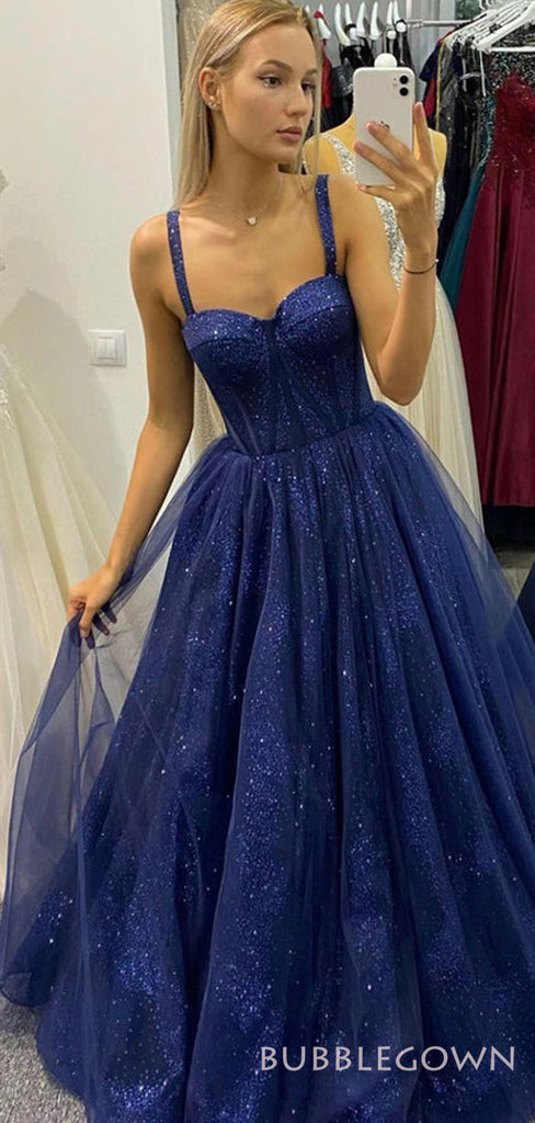 A-line Royal Blue Tulle Sparkly Spaghetti Straps Long Evening Prom Dresses, Custom Prom Dress, BGS0170