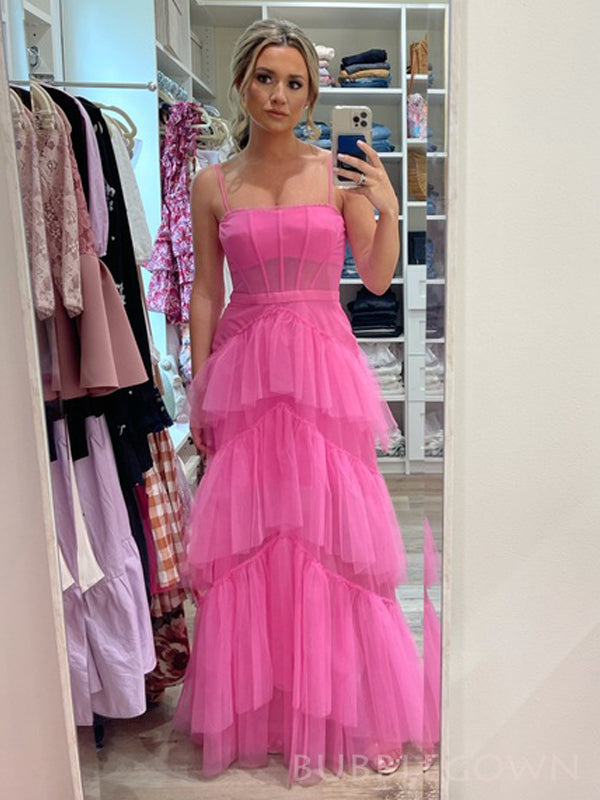 A-line Hot Pink Tulle Spaghetti Straps Long Evening Prom Dresses, Custom Prom Dress, BGS0176
