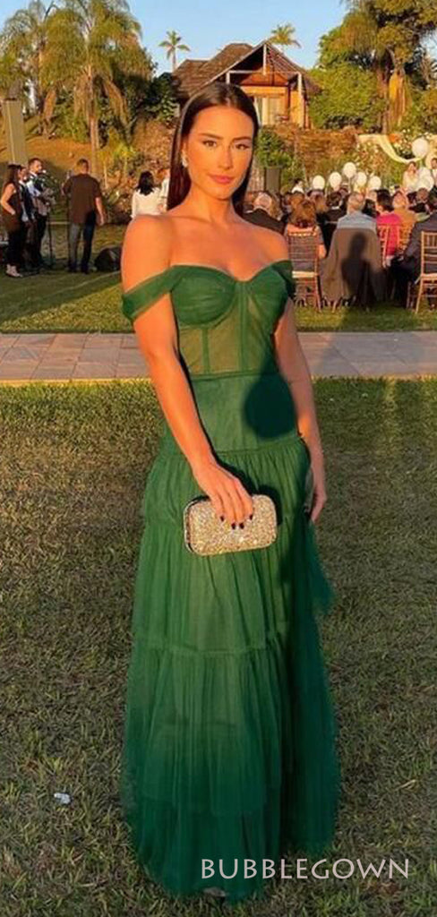 Off Shoulder Emerald Green Tulle A-line Long Evening Prom Dresses, Custom Prom Dress, BGS0181