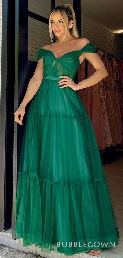 Dark Green Tulle A-line Off Shoulder Long Evening Prom Dresses, Custom Prom Dress, BGS0183