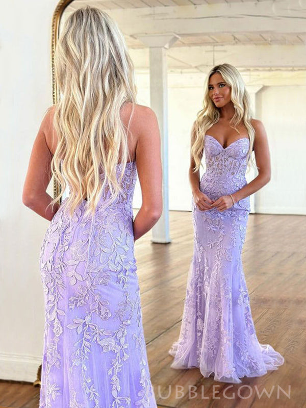 Mermaid Lilac Tulle Appliques Sweetheart Strapless Long Evening Prom Dresses, Custom Prom Dress, BGS0187
