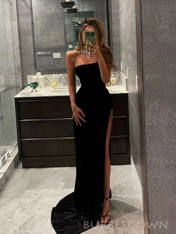 Simple Strapless Black Velvet Long Mermaid Evening Prom Dresses, Custom High Slit Prom Dress, BGS0188