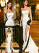 Simple Ivory Satin Strapless Bateau Long Mermaid Evening Prom Dresses, Custom High Slit Prom Dress, BGS0190