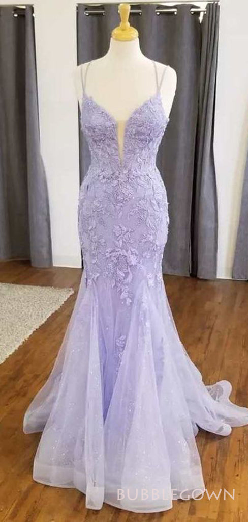 Spaghetti Straps Mermaid Lavender Tulle Appliques Long Evening Prom Dresses, Custom Prom Dress, BGS0199