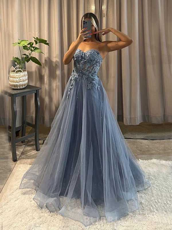 A-line Dusty Blue Tulle Appliques  Sweet Heart Long Evening Prom Dresses, Custom Strapless Prom Dress, BGS0201