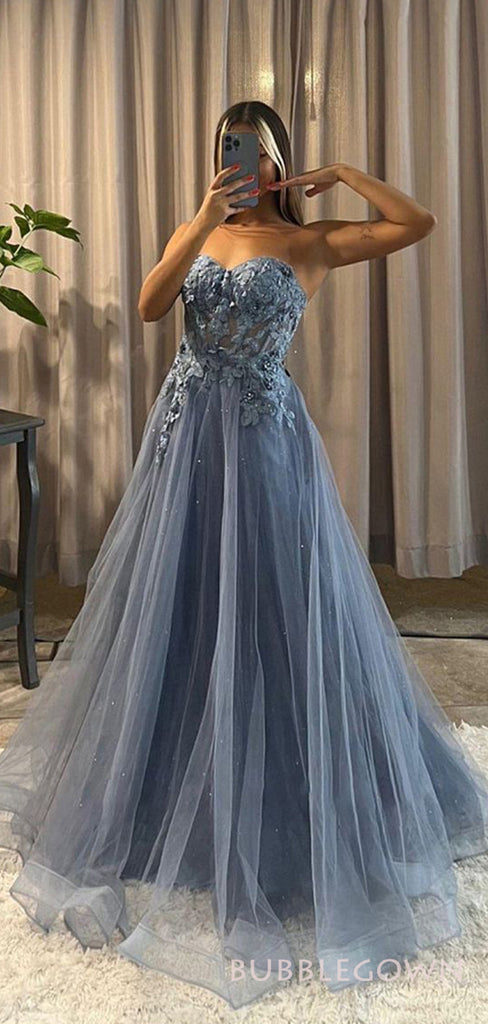 A-line Dusty Blue Tulle Appliques  Sweet Heart Long Evening Prom Dresses, Custom Strapless Prom Dress, BGS0201