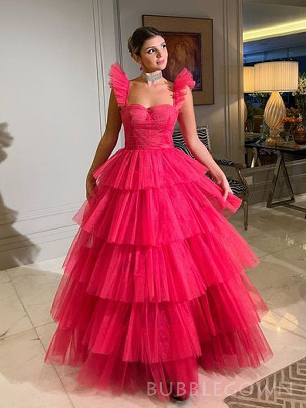 Hot Pink Tulle A-line Straps Long Evening Prom Dresses, Custom Prom Dress, BGS0218