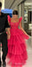 Hot Pink Tulle A-line Straps Long Evening Prom Dresses, Custom Prom Dress, BGS0218
