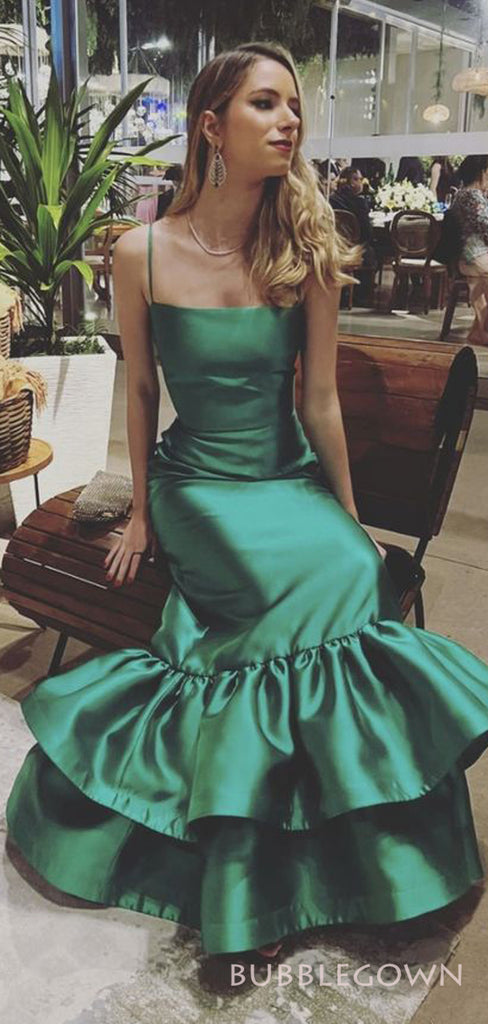 Unique Green Satin Mermaid Spaghetti Straps Long Evening Prom Dresses, Custom Prom Dress, BGS0221
