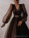 Chocolate Tulle Long Sleeves A-line Long Evening Prom Dresses, Custom V-neck Prom Dress, BGS0222