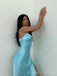 Simple Blue Satin Spaghetti Straps Mermaid Side Slit Long Evening Prom Dresses, Custom Prom Dress, BGS0223