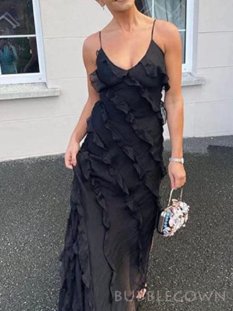 Unique Black Chiffon Long Evening Prom Dresses, Custom Spaghetti Straps Prom Dresses, BGS0233