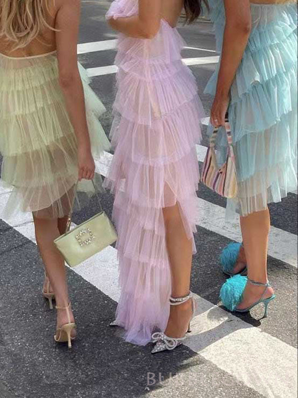 Sexy Tulle Halter Long Evening Prom Dresses, Custom Side Slit Prom Dresses, BGS0236