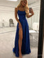 Popular Royal Blue Satin A-line Long Evening Prom Dresses, Custom High Slit Prom Dresses, BGS0237