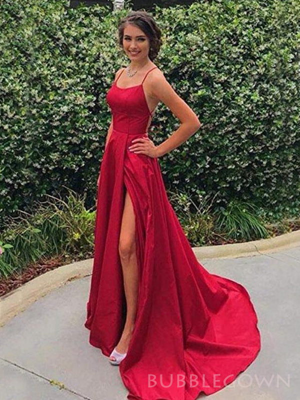 Simple Red Satin A-line Long Evening Prom Dresses, Custom Backless Prom Dresses, BGS0239