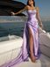 Mermaid Lilac Satin Beaded High Slit Long Evening Prom Dresses, Custom Strapless Prom Dresses, BGS0242