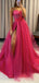 Spaghetti Straps Hot Pink Tulle Sparkly Long Evening Prom Dresses, Custom High Slit Prom Dress, BGS0122