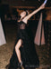 A-line Black Sparkly  Spaghetti Straps Long Evening Prom Dresses, Custom High Slit Prom Dress, BGS0126