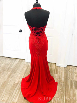 Mermaid Spaghetti Straps Red Appliques Long Evening Prom Dresses, Custom Prom Dress, BGS0127