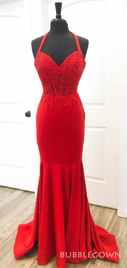 Mermaid Spaghetti Straps Red Appliques Long Evening Prom Dresses, Custom Prom Dress, BGS0127